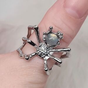 Labradorite Spider Ring | Adjustable Silver Tone | Gothic Boho Statement Crystal